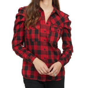 Badgley Mischka Button Down Plaid Shirt With Sleeve Detail - NEW - Size XS